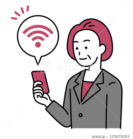 Wi-Fi-に繋がっているスマートフォンを持つ中年のスーツの女性 Wi-Fi-に繋がっているスマートフォンを持つ中年のスーツの女性 125678201