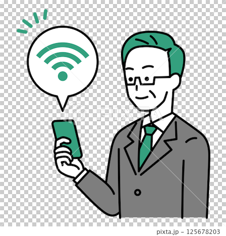 A middle-aged man in a suit holding a smartphone connected to Wi-Fi 125678203