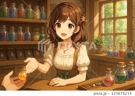 異世界の雑貨屋で笑顔の少女がポーションを販売するファンタジー風イラスト 店先の温もりある接客シーン 異世界の雑貨屋で笑顔の少女がポーションを販売するファンタジー風イラスト 店先の温もりある接客シーン 125678214