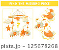 Logic game with image of hanging baby toy. Finding missing puzzle piece of baby mobile with sleeping lamb and stars. Page for kid brain teaser book. Task for attentiveness. Developing spatial thinking 125678268