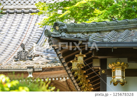 輝く新緑の中、黄金色の灯篭が目を引くお寺様。岡山県真庭市・普門寺 輝く新緑の中、黄金色の灯篭が目を引くお寺様。岡山県真庭市・普門寺 125678328