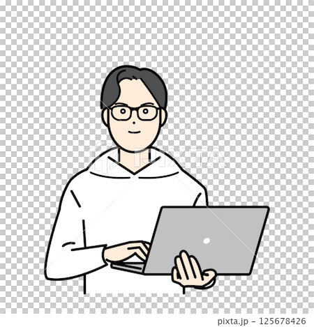 一名男子手持 PC 向量插圖 125678426