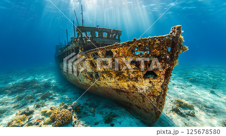 海底に沈んだ錆びだらけの船のイラスト素材 [125678580] - PIXTA