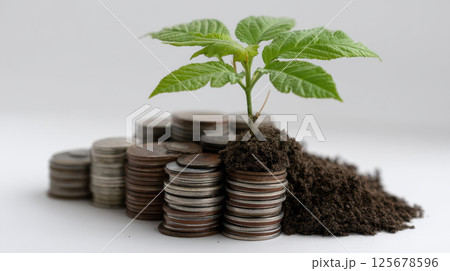 Plant coin soil growth finance investment savings green money stack wealth economy leaf nurture 125678596