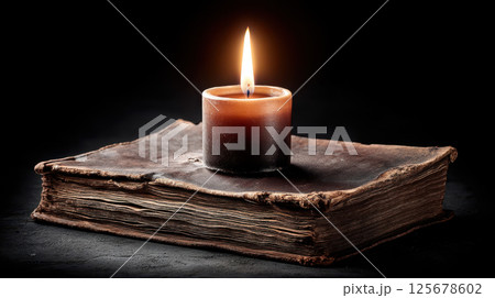 Ancient leatherbound book with lit candle on top, creating mysterious ambiance 125678602