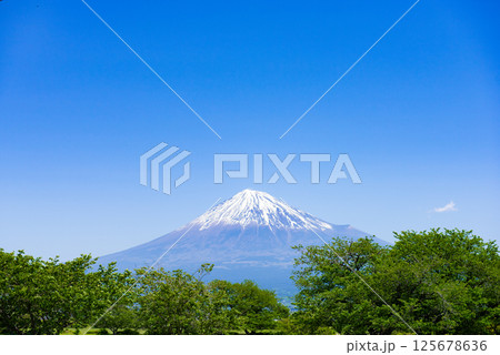 晴れた日に、山頂上に見える冠雪した富士山 125678636