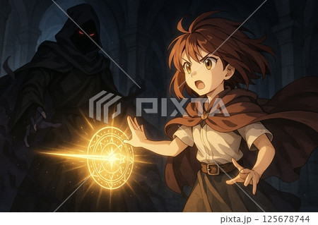 闇の魔法使いに立ち向かう少女 光の魔法陣を展開して戦うファンタジーアクションシーンのイラスト 125678744