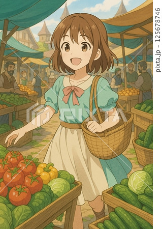 異世界の市場で買い物を楽しむ笑顔の少女の明るくほのぼのとしたファンタジー風イラスト 125678746
