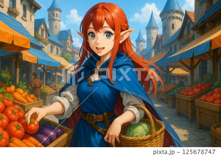 異世界の城下町の市場で野菜を買う赤髪エルフの女性の美しくファンタジックなイラスト 異世界の城下町の市場で野菜を買う赤髪エルフの女性の美しくファンタジックなイラスト 125678747