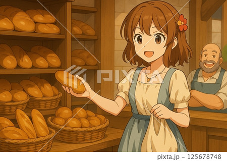異世界の街にあるパン屋で笑顔でパンを選ぶ可愛い少女のあたたかみのあるファンタジー風イラスト 125678748