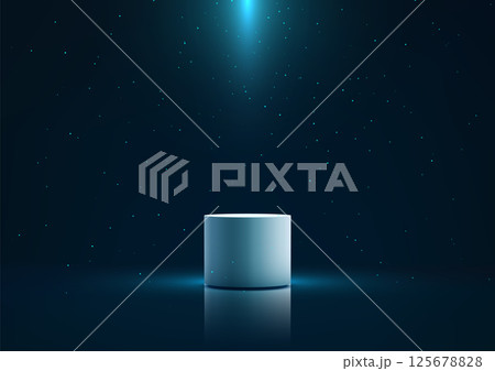 3d white cylinder podium on reflective surface with spotlight technology mockup showcase modern futuristic display 125678828
