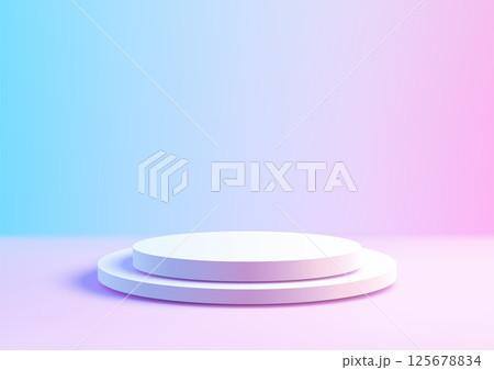 3D white round podium stand on gradient blue pink backdrop minimalist product display mockup showcase 3D white round podium stand on gradient blue pink backdrop minimalist product display mockup showcase 125678834