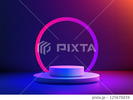 futuristic 3d white cylindrical podium with neon pink ring blue purple gradient light dark backdrop technology concept mockup 125678839