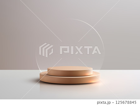 modern 3d wooden podium mockup with transparent circle panel, minimalist product display showcase on grey backdrop 125678845
