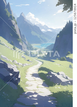 海が見える夏の登山道 125678914