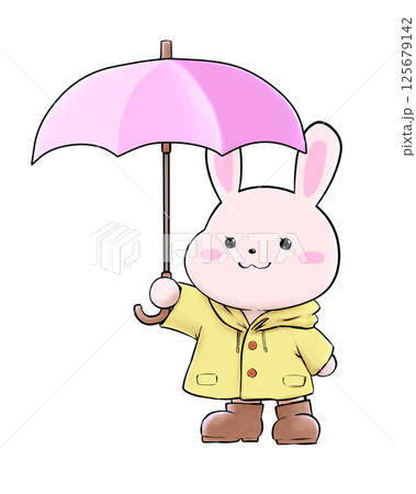 ピンクの傘を差したウサギのキャラクターイラスト 125679142