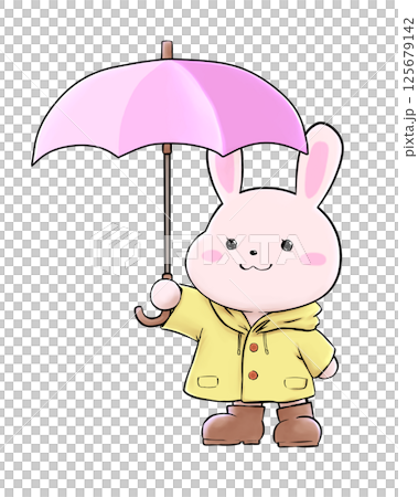 ピンクの傘を差したウサギのキャラクターイラスト 125679142