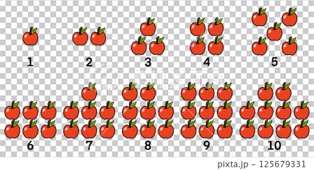 Educational illustration teaching counting from 1 to 10 using simple red apples, learning basic number recognition and counting skills, elementary school math lessons, worksheets, classroom decoration Educational illustration teaching counting from 1 to 10 using simple red apples, learning basic number recognition and counting skills, elementary school math lessons, worksheets, classroom decoration 125679331