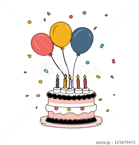Birthday Cake with Balloons and Confetti 125679472