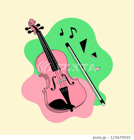 Stylized Pink Violin with Bow and Music Notes Stylized Pink Violin with Bow and Music Notes 125679505