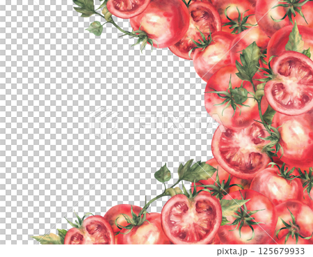 Tomatoes food frame with text space. Watercolor vegetables Illustration. Whole and sliced red fruit and stem, leaves. Realistic hand drawn isolated clipart for kitchen, cooking, tomato paste, sauce. 125679933