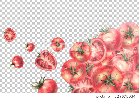 Watercolor red Tomatoes frame with text space template Watercolor vegetables Illustration isolated on white. Whole and sliced fruit and stem leaves Realistic hand painted canned food, sauce, packaging Watercolor red Tomatoes frame with text space template Watercolor vegetables Illustration isolated on white. Whole and sliced fruit and stem leaves Realistic hand painted canned food, sauce, packaging 125679934