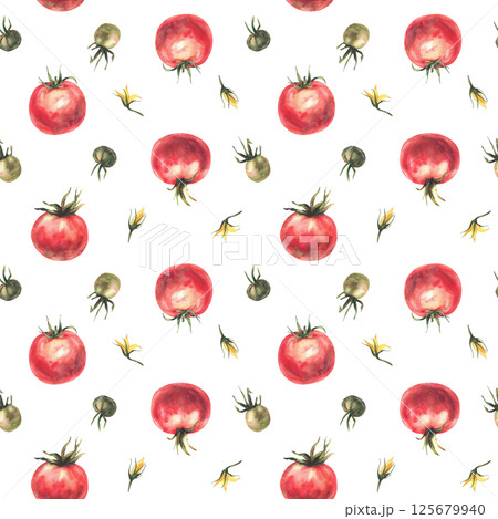 Tomato vegetables red, green fruit with yellow flowers seamless pattern. Watercolor farm plant harvest in realistic style painted illustration isolated on white background for wallpaper, food packing. 125679940