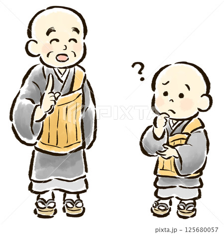 疑問に思う子供のお坊さんとそれに答える大人のお坊さん 125680057