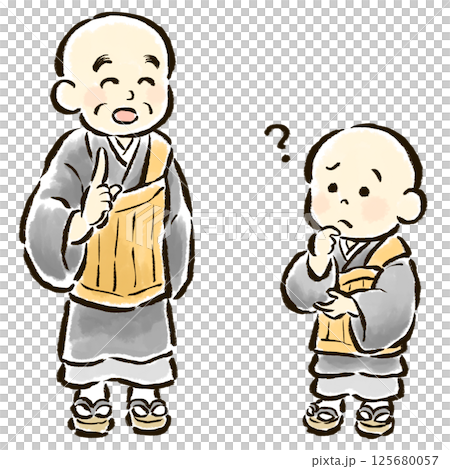 疑問に思う子供のお坊さんとそれに答える大人のお坊さん 125680057
