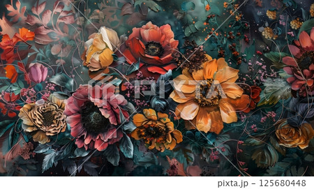 A floral art piece blending realistic and abstract elements, creating a visually captivating composition. 125680448