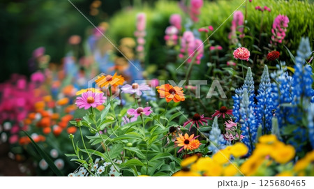 A vibrant flower garden boasts diverse, colorful blooms with an array of petals in shapes and hues. A vibrant flower garden boasts diverse, colorful blooms with an array of petals in shapes and hues. 125680465