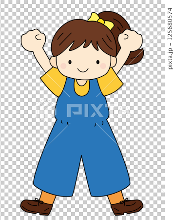 ガッツポーズする元気な女の子のイラスト、線ありカラー 125680574