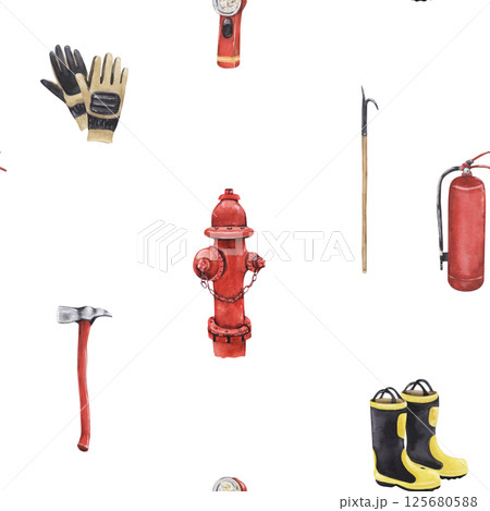 firefighter equipment seamless pattern with fire hydrant, axe, gloves, boots, extinguisher, pike 125680588