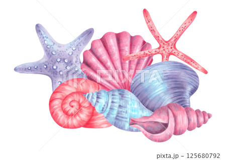 Seashell composition in pastel colors. Watercolor illustration of underwater elements spiral shell, starfish, scallop and clam. Hand drawn isolated art. For decoration of children's products, cards. Seashell composition in pastel colors. Watercolor illustration of underwater elements spiral shell, starfish, scallop and clam. Hand drawn isolated art. For decoration of children's products, cards. 125680792