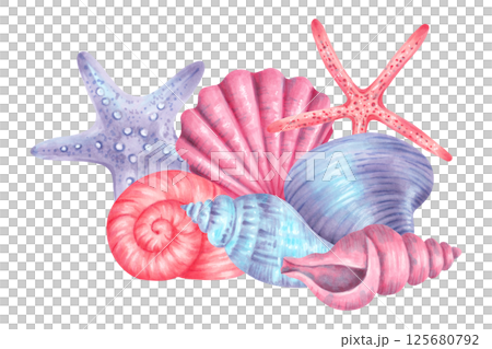 Seashell composition in pastel colors. Watercolor illustration of underwater elements spiral shell, starfish, scallop and clam. Hand drawn isolated art. For decoration of children's products, cards. Seashell composition in pastel colors. Watercolor illustration of underwater elements spiral shell, starfish, scallop and clam. Hand drawn isolated art. For decoration of children's products, cards. 125680792