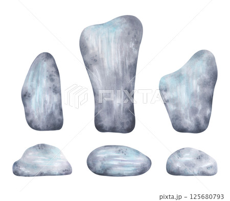 Set of grey blue stones. Watercolor and marker illustration. Isolated clipart art with pebbles and geological minerals, hand-drawn. Perfect for nature scene design, sea and ocean landscape. 125680793