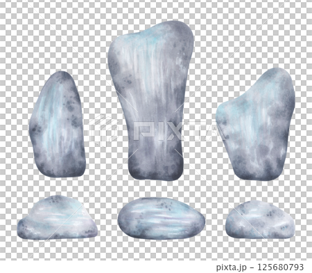 Set of grey blue stones. Watercolor and marker illustration. Isolated clipart art with pebbles and geological minerals, hand-drawn. Perfect for nature scene design, sea and ocean landscape. 125680793