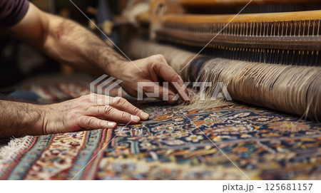 Artisans handcraft traditional carpets on wooden looms, preserving timeless, labor-intensive techniques. Artisans handcraft traditional carpets on wooden looms, preserving timeless, labor-intensive techniques. 125681157