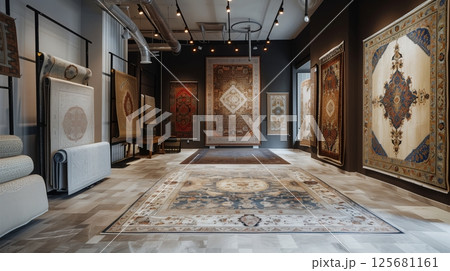 The carpet showroom offers a rich selection of stunning designs and luxurious materials for any decor needs. The carpet showroom offers a rich selection of stunning designs and luxurious materials for any decor needs. 125681161