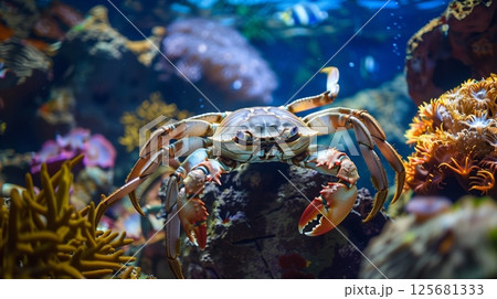 A crab scuttles in a vibrant coral reef, surrounded by colorful fish and swaying seaweed. 125681333