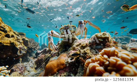 A crab scuttles in a vibrant coral reef, navigating colorful corals and sea plants, joining marine life. 125681334