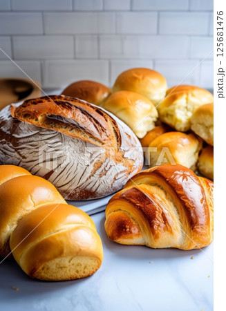 Warm croissants and rolls resting on soft cloth. Inviting textures and colors create a cozy atmosphere, ideal for brunch spreads, lifestyle blogs, or gourmet food advertisements. 125681476