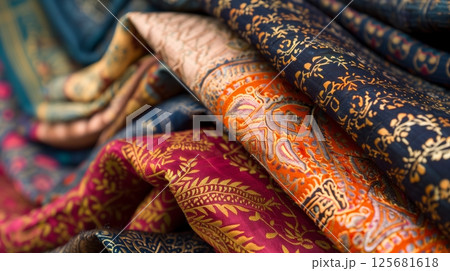 Traditional block-print fabric features intricate patterns and rich colors, showcasing a timeless artistry. 125681618