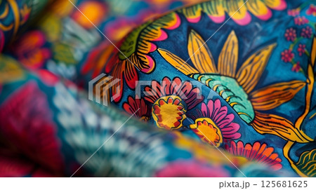 Close-up of block-print fabric with intricate patterns and vivid colors, showcasing exquisite craftsmanship. 125681625