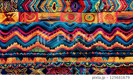 A vibrant ethnic textile pattern with rich colors and intricate designs highlights cultural heritage. 125681679