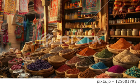 A bustling Arabic market with colorful spices and vibrant textiles invites you to explore hidden treasures. 125681795