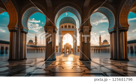 Majestic Arabic architecture features intricate arches, grand domes, and detailed geometric patterns. 125681796