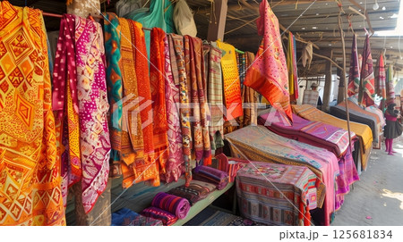 Bandhani textiles, with intricate patterns and vivid colors, celebrate rich cultural heritage in a market setting. Bandhani textiles, with intricate patterns and vivid colors, celebrate rich cultural heritage in a market setting. 125681834