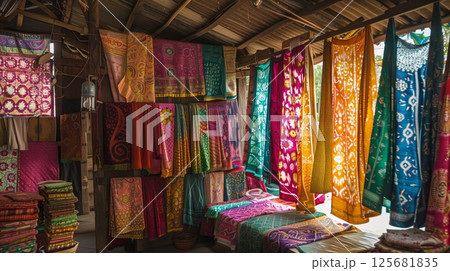 Bandhani textiles, with intricate patterns and rich colors, captivate visitors in a vibrant market. Bandhani textiles, with intricate patterns and rich colors, captivate visitors in a vibrant market. 125681835