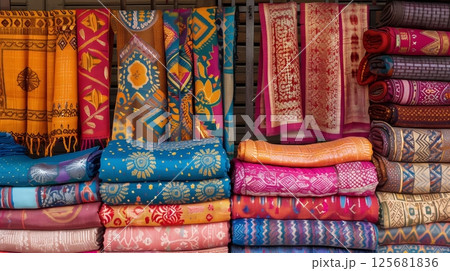 Bandhani textiles, showcased in a vibrant market, highlight intricate designs and traditional craftsmanship. 125681836